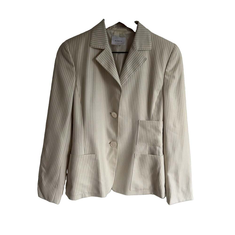 AKRIS Silk Cashmere Blend Ivory Blue Striped Blazer Size 6 Office Career Two Btn